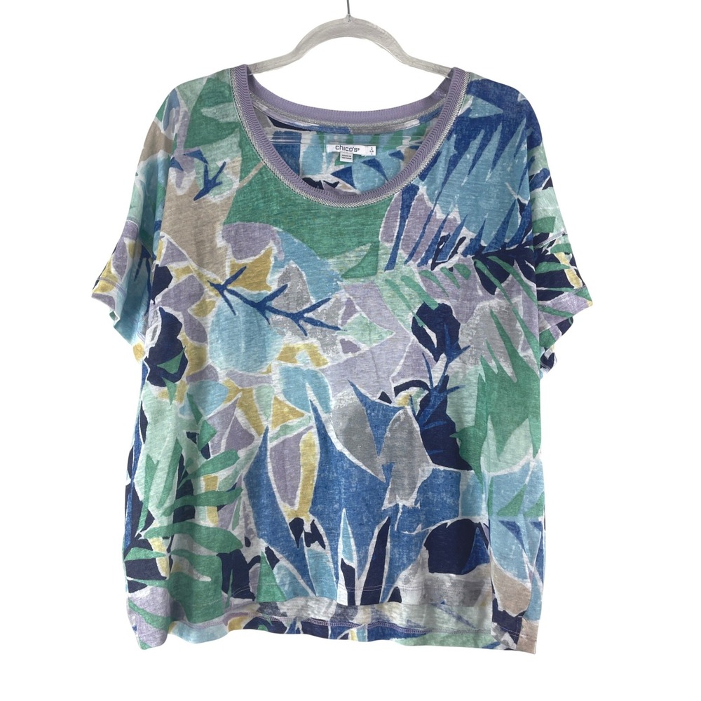 Chico's Linen Knit Tee Women Size 2 Large Multicolor Tropical Leaf Short Sleeve
